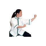 Kung Fu Gi Top Uniform Shirt Youth Adult Size White Black with Green or Red Trim - Sedroc Sports