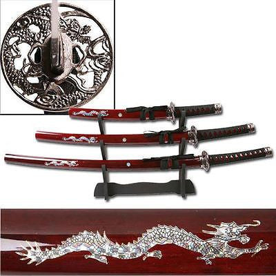 Red Dragon Samurai Sword Set with Display Stand Katana Wakizashi Tanto - 3 Piece - Sedroc Sports