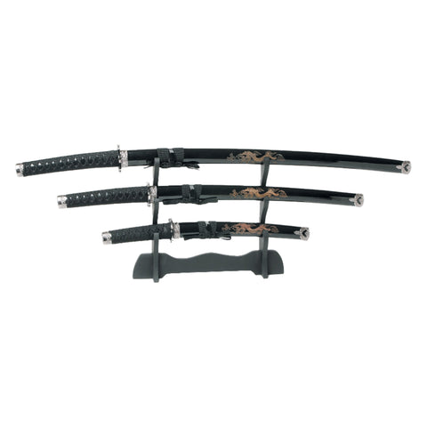 Black Dragon Samurai Sword Set with Display Stand Katana Wakizashi Tanto 3 Pc