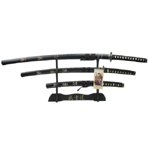 Black Kanji Samurai Sword Set with Display Stand Katana Wakizashi Tanto 3 Pc - Sedroc Sports