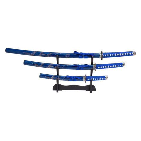 Blue Dragon Samurai Sword Set with Display Stand 3 Piece Katana Swords